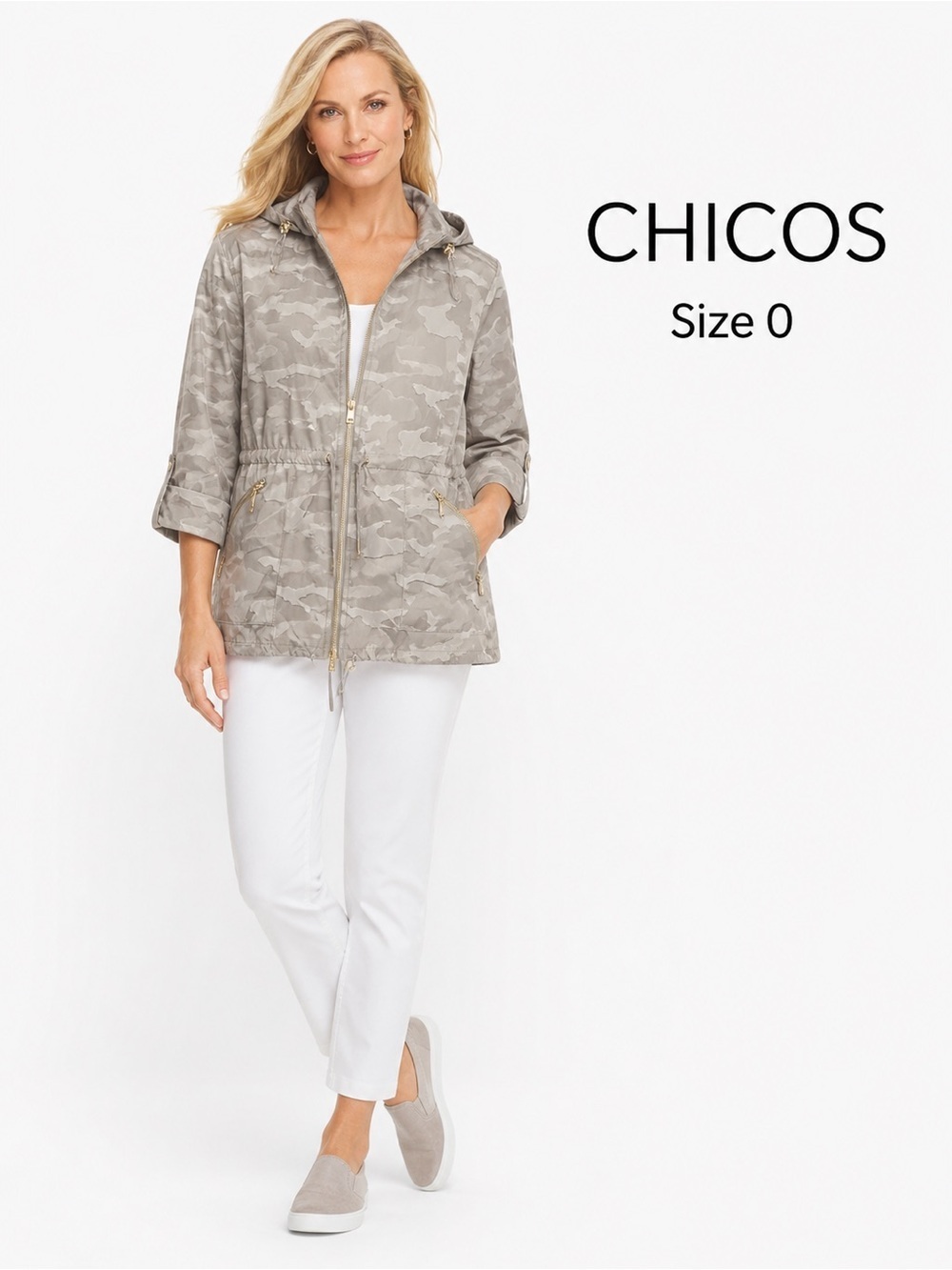 Chico's Zenergy Gray Camo Rain hoodie  Jacket/ size 0|